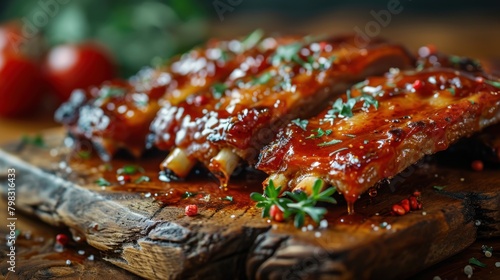 Baked pork ribs with tomato sauce on wooden cutting board, selective focus. BBQ with Copy Space. 
