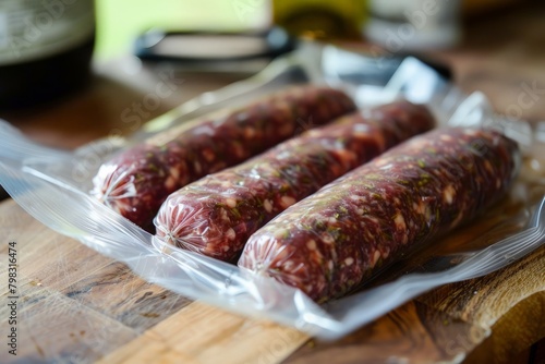 Smoked sausages in vacuum packaging on table