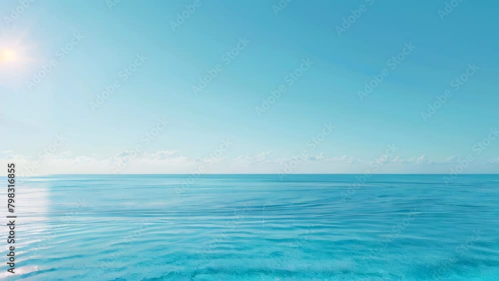 Infinity pool with two sun loungers overlooking ocean under clear blue sky, animated motion background Infinity pool with two sun loungers overlooking ocean under clear blue sky, animated motion background
