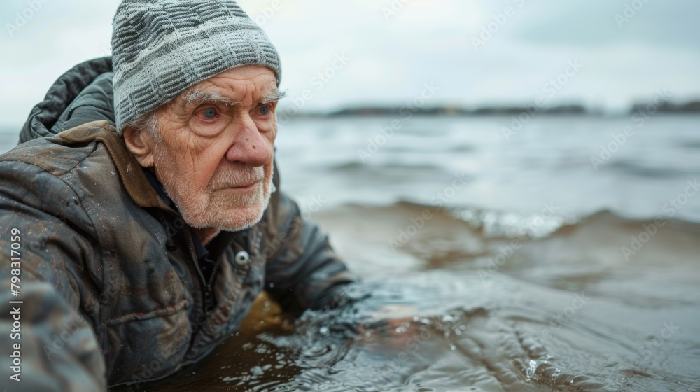 An older man in a hat and coat is on the water, AI