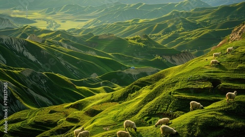 Photography, Loess Plateau, gentle mountains, terraced fields on ridges and hills, herds of sheep and sheep, sunset, wind and solar power photo