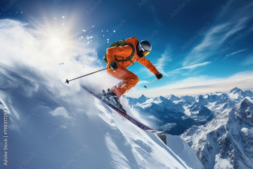 Skier in high mountains recreation outdoors skiing.