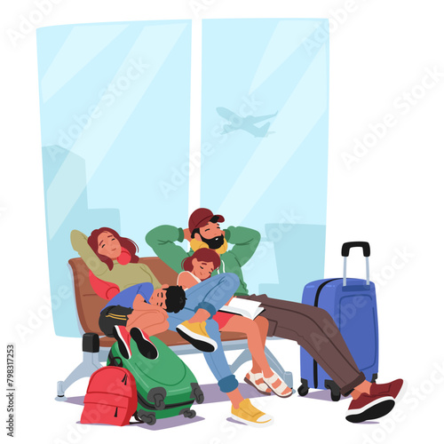 Family Characters Gathered On A Bench At The Airport, With Their Luggage Scattered Around Them. Parents and Little Kids