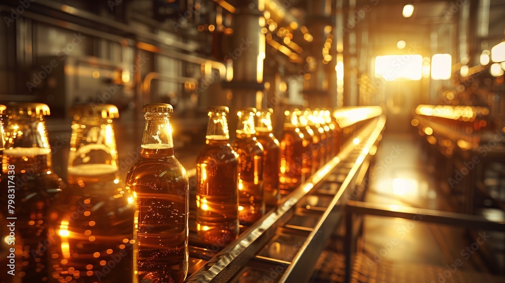 Sunlit brewery bottling room with rays highlighting the golden brews being capped on the line.