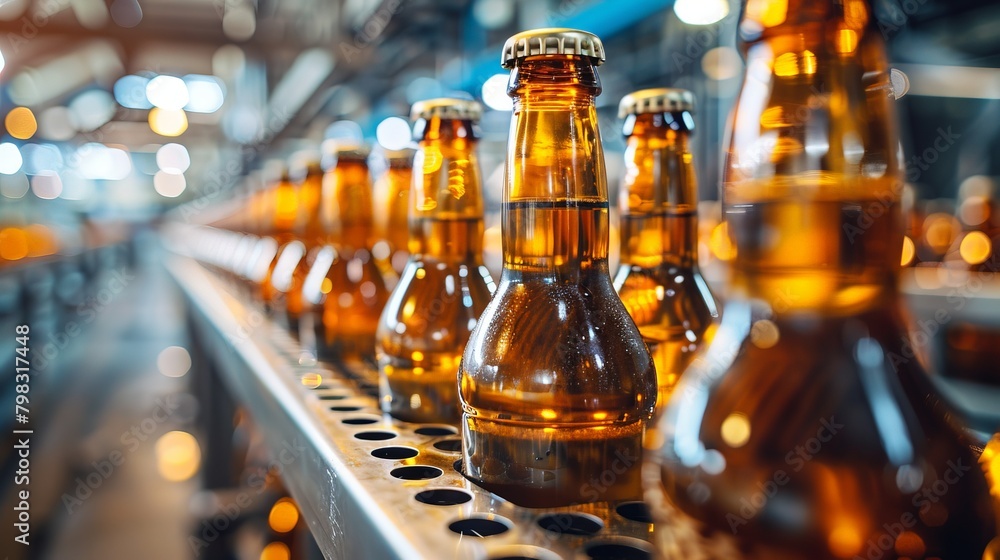 New bottles on conveyor belt in beer factory. Disinfection process and filling bootles. Modern production for bottling drinks. New bottles on conveyor belt in beer factory. Disinfection process and filling bootles. Modern production for bottling drinks.