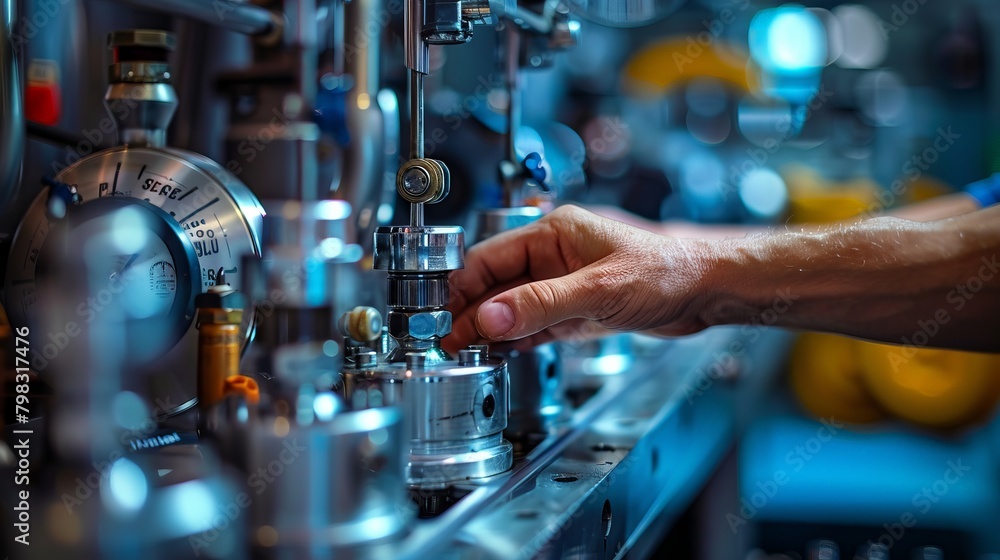 Close-up of hands adjusting controls on a bottling machine, sharp focus on fingers and dials. Close-up of hands adjusting controls on a bottling machine, sharp focus on fingers and dials.
