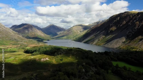 Wastwater and screes NE toward Wasdale Head, Kirk Fell, Great Gable and Scafell Pike. Lake District National Park, Cumbria. Video fly in. Early autumn photo
