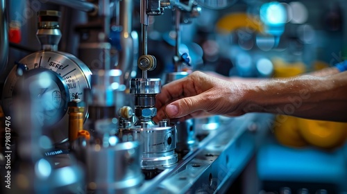 Close-up of hands adjusting controls on a bottling machine, sharp focus on fingers and dials.