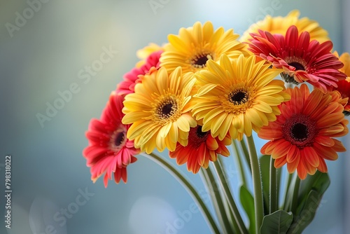 A vase filled with yellow and red flowers on a table top with a blurry background of the vase