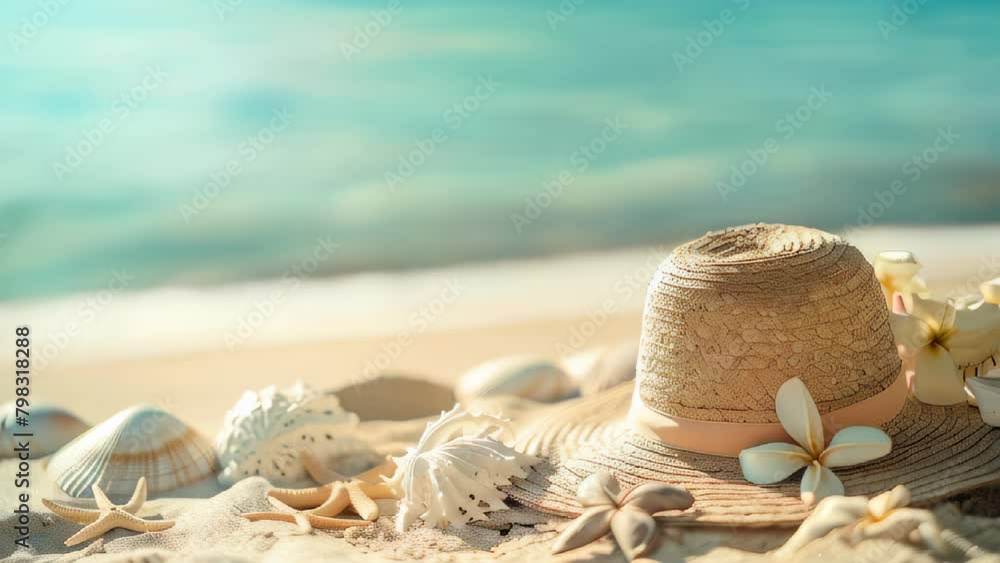 Straw hat and seashells on sandy beach with sparkling ocean background ...