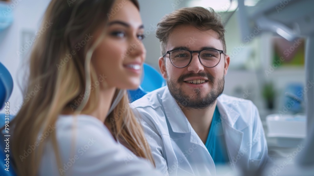 A man and woman sitting in a dentist's office smiling, AI A man and woman sitting in a dentist's office smiling, AI