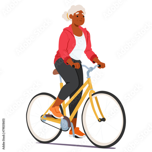 Senior Black Woman Riding A Bicycle. Active Elderly Female Character with Silver Hair Pedals Gracefully, Vector
