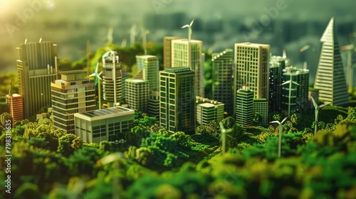 city sustainable corporate miniature macro eco tilt shift lens green friendly clean energy earth world future environment business emissions safety CSR responsibility friendly carbon neutral