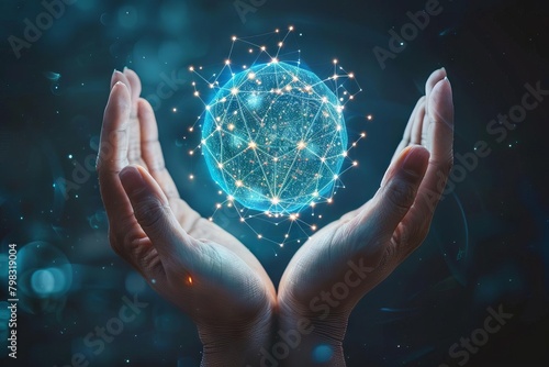 hands holding global network hologram customer data connection concept