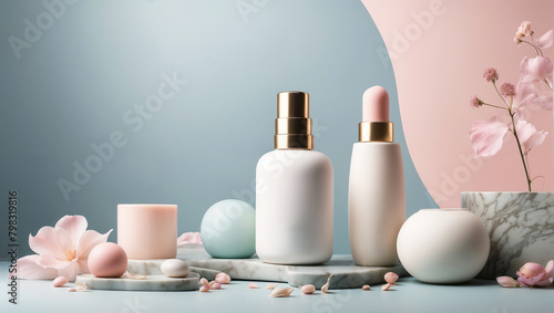 Elegant Skin Care Products Set with Pastel Tones on Marble Background. photo