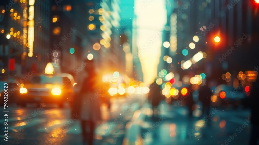 Defocused silhouette of a busy street with blurred figures and cars passing by while the citys iconic landmarks stand tall in the distance creating a sense of depth and movement. .