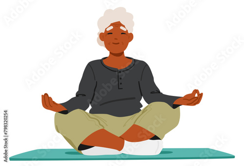 Elderly Woman Comfortably Seated In A Lotus Position On A Yoga Mat, With Her Head Held High And Arms Positioned On Knees