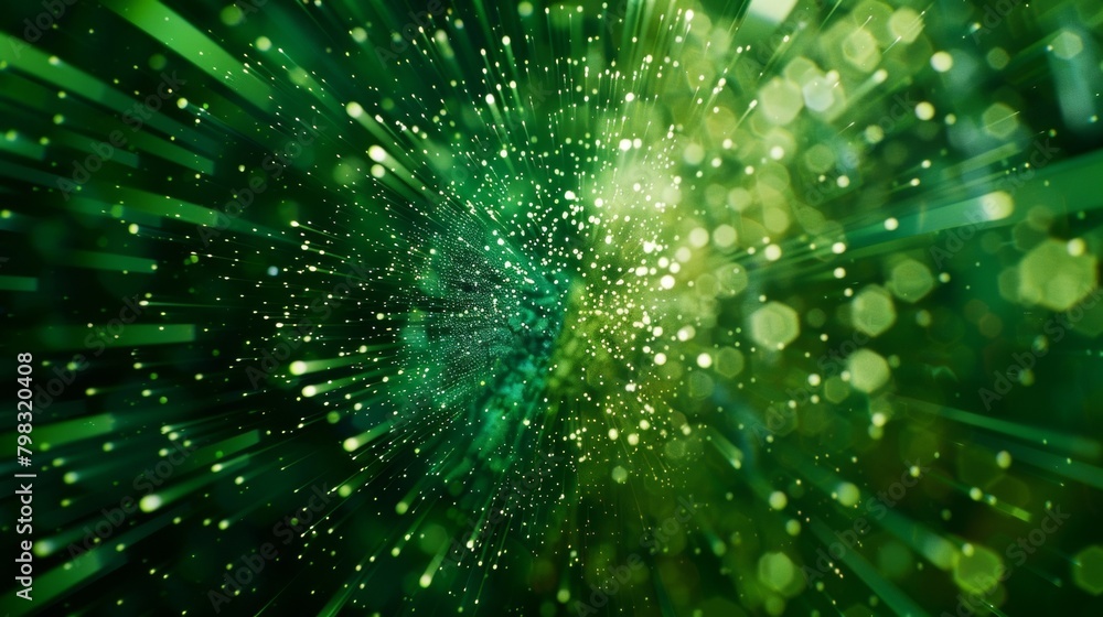 A backdrop of defocused green shapes and patterns evokes a sense of powerful computer algorithms and endless data conjuring up the world of the Matrix. .