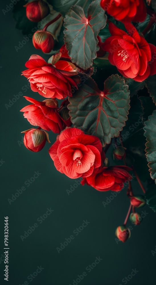 Deep green leaves and vibrant red begonias, a serene portrayal of natural elegance Deep green leaves and vibrant red begonias, a serene portrayal of natural elegance