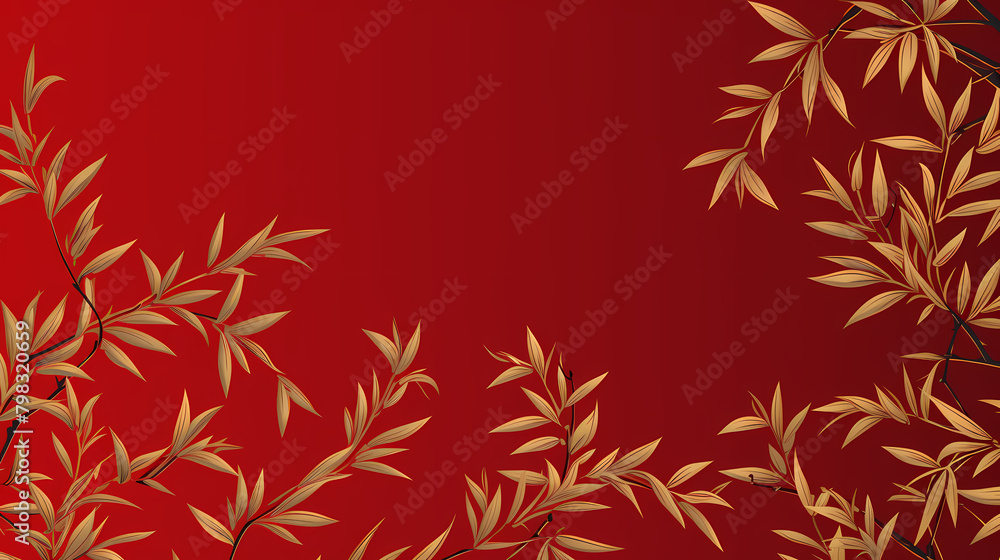 Red background, golden bamboo leaves