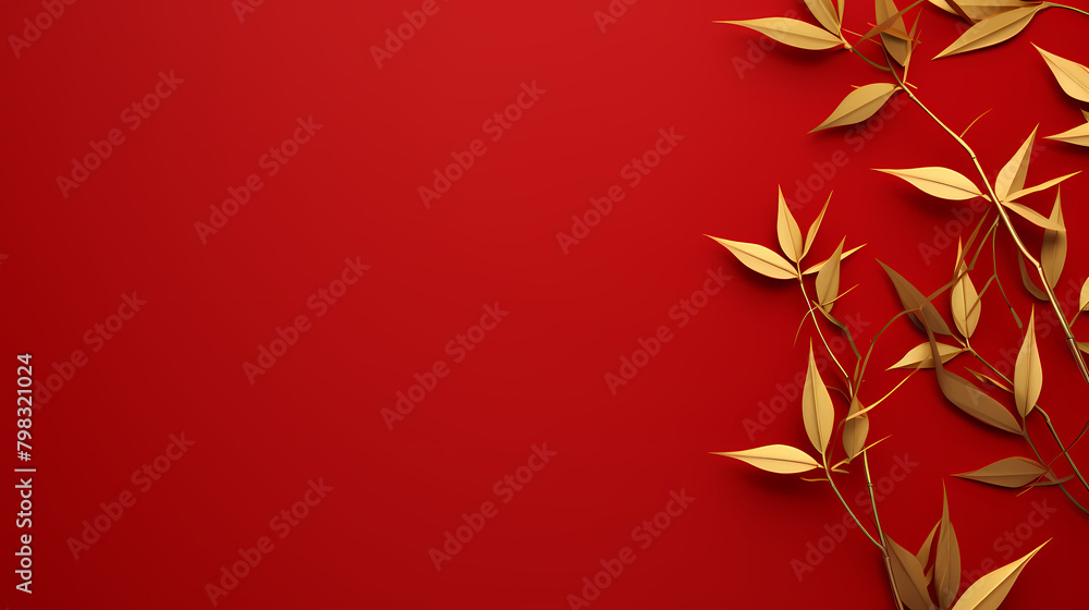 Red background, golden bamboo leaves Red background, golden bamboo leaves