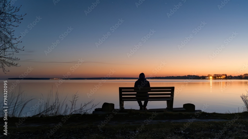 Lonely person sitting on a wooden bench alone at dusk looking at the sunset Lonely person sitting on a wooden bench alone at dusk looking at the sunset