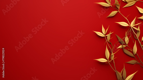 Red background, golden bamboo leaves photo
