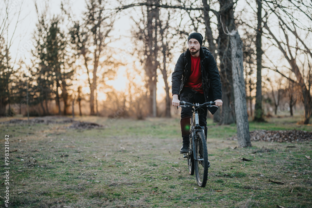 A young man cycles through a leafy park at sunset, conveying a sense of freedom and outdoor adventure in a tranquil setting.