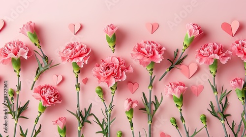 Celebrate Mother s Day with a stunning flat lay composition featuring vibrant carnation flowers delicate pink paper hearts all set against a soft pastel pink backdrop Personalize it with yo © 2rogan