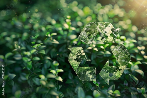 A image of the universal recycling symbol, rendered with a textured, leafy green overlay, appears to emerge from a bed of lush foliage, symbolizing eco-friendliness and environmental sustainab