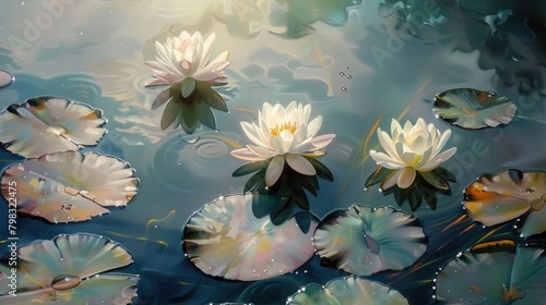 realistic, oil painting style, sunlight piercing through the water, delicate and intricate three water lillies, with shadow, floating over water,