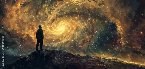 A man stands atop a mountain, dwarfed by the vastness of a spiral galaxy in the night sky photo