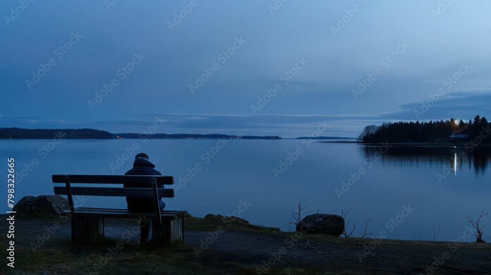 Lonely person sitting on a wooden bench alone at dusk looking at the sunset