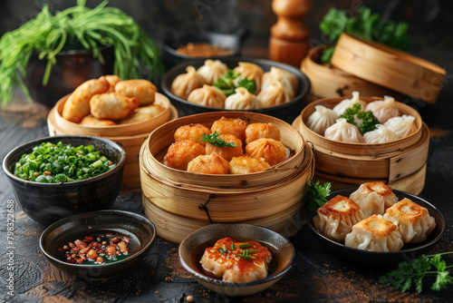 assorted steamed dim sum in bamboo baskets, traditional chinese cuisine spread