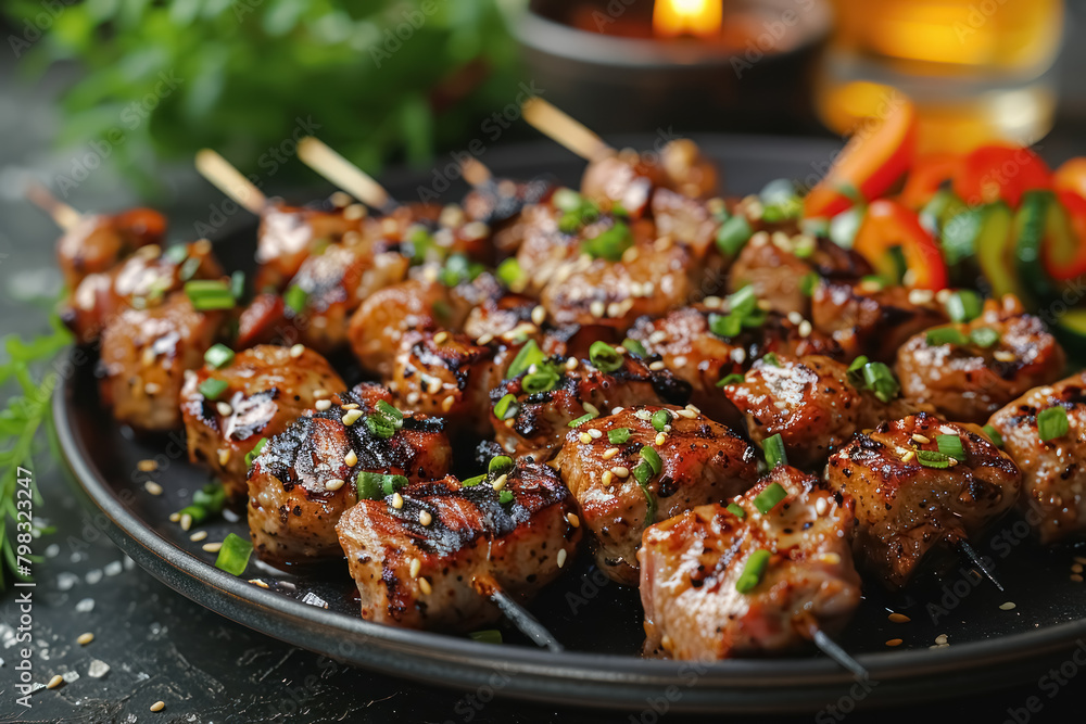 grilled pork skewers garnished with sesame seeds and green onions on dark plate