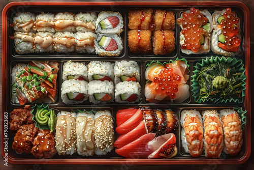 assorted japanese bento box with sushi rolls and sashimi