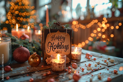 Happy Holidays greeting card with burning candles on wooden table