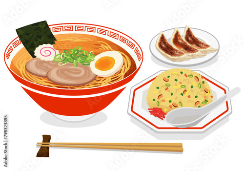 食べ物_ラーメン定食_チャーハンと餃子（背景白）