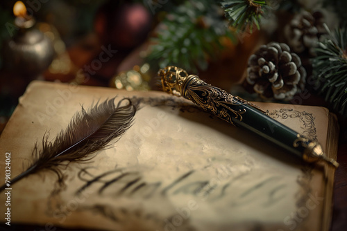 Vintage quill pen and old letter with christmas decoration