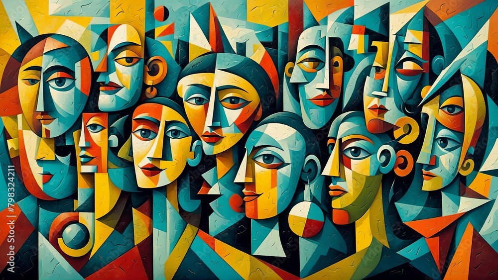Cubist Joy: A Tapestry of Faces in Abstract Celebration
