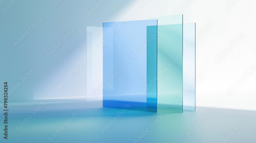 modern minimalist design with blue frosted glass panels, sleek and clean aesthetics modern minimalist design with blue frosted glass panels, sleek and clean aesthetics