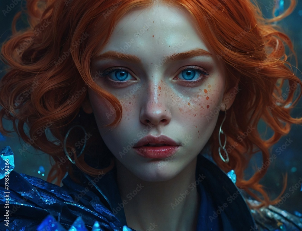 Illustration Portrait of a Redheaded Woman with Piercing Blue Eyes, AI Generative