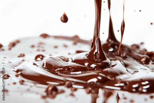 luxurious melted chocolate dripping and swirling closeup view on white background food photography