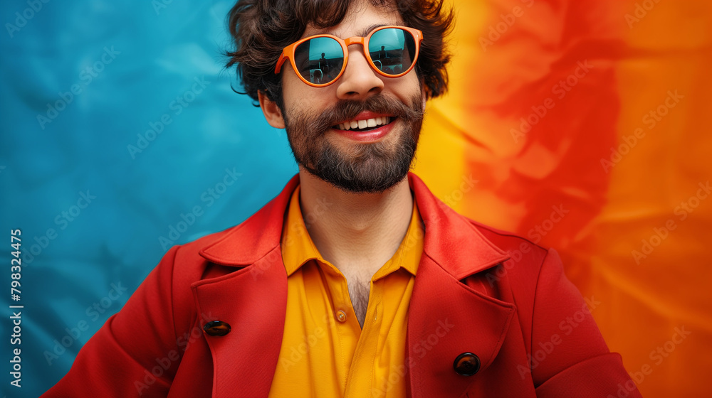 Close-up illustration of urban trendy man wearing sunglasses colorfully dressed in rainbow colors on stylized background Close-up illustration of urban trendy man wearing sunglasses colorfully dressed in rainbow colors on stylized background