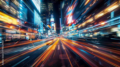 Dynamic urban lights, long exposure reveals swirling trails in the night, an abstract vision of speed and movement in the city