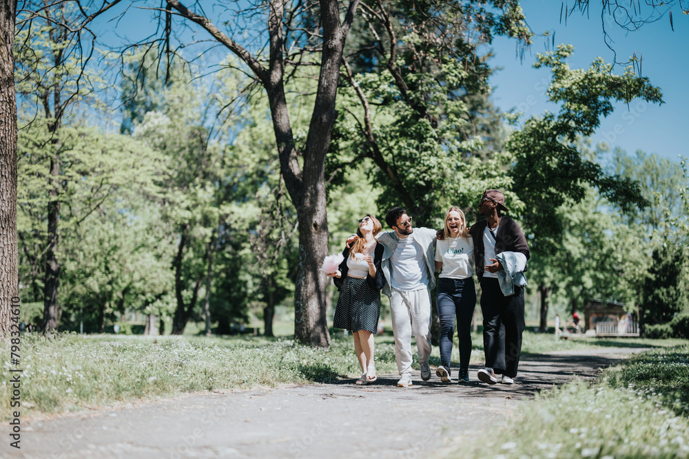 A cheerful group of multicultural friends walks through a park on a sunny spring day, sharing laughs and enjoying each other's company. A cheerful group of multicultural friends walks through a park on a sunny spring day, sharing laughs and enjoying each other's company.