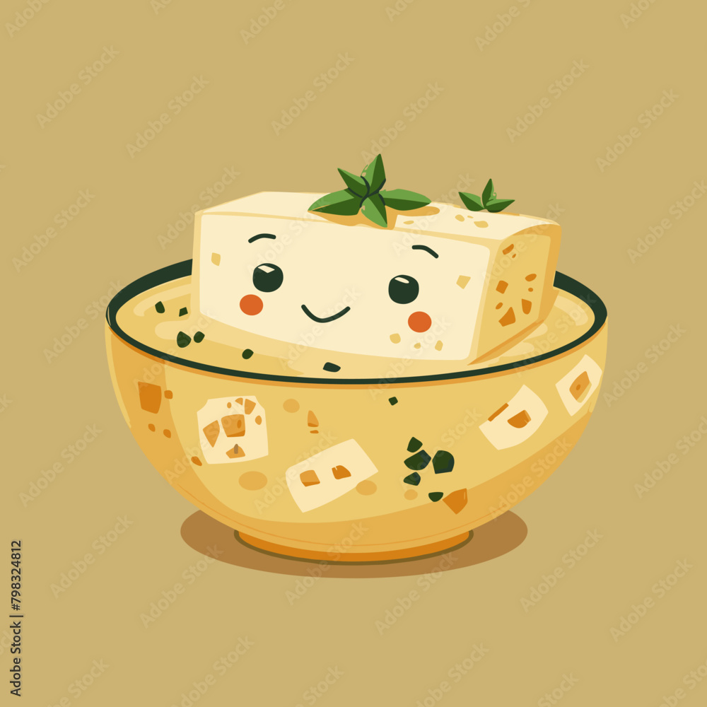 Cute cartoon tofu in bowl. Vector illustration of a healthy food. Cute cartoon tofu in bowl. Vector illustration of a healthy food.