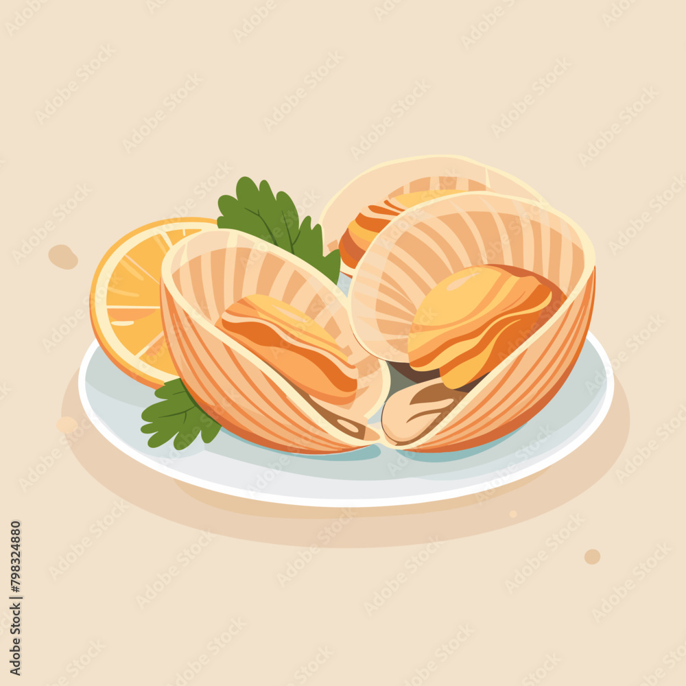 Fresh scallops with parsley on plate. Vector illustration. Fresh scallops with parsley on plate. Vector illustration.