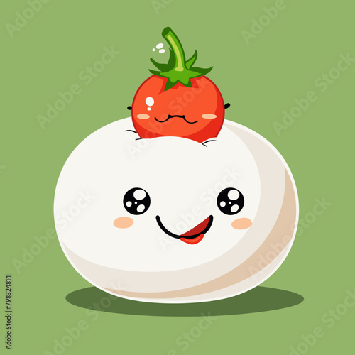 Cute cartoon tomato and mozzarella cheese. Vector illustration.