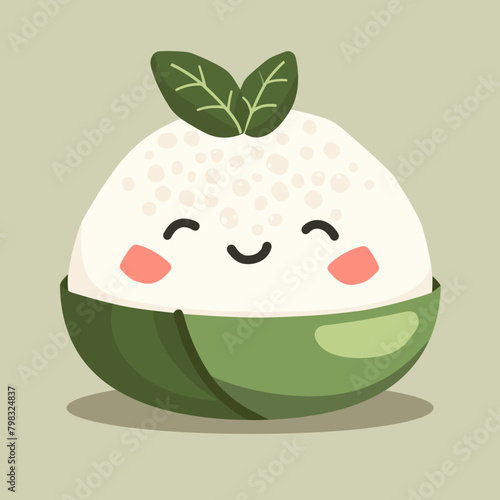 Cute kawaii rice ball on green background. Vector illustration